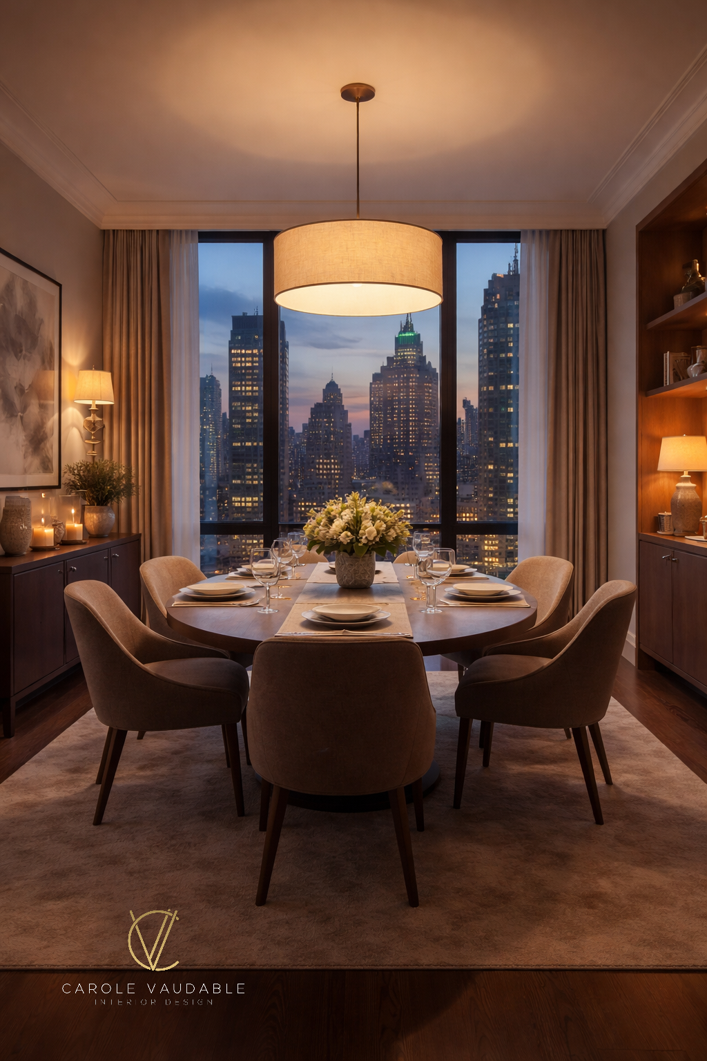 Intimate dining room illuminated at night