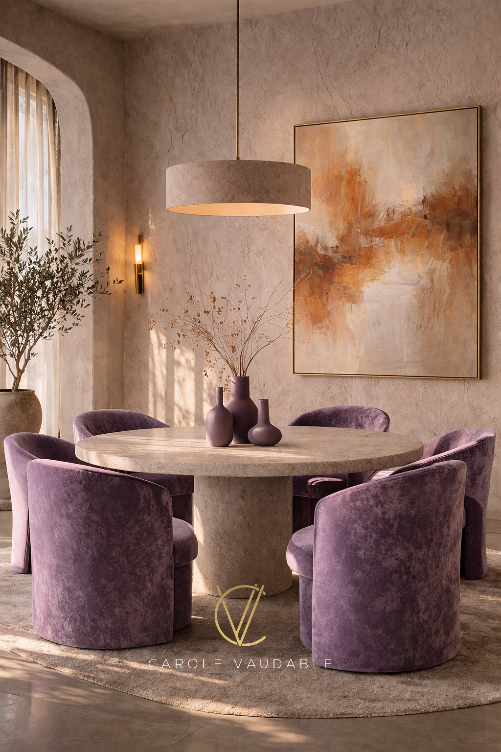 Colorful dining room with art